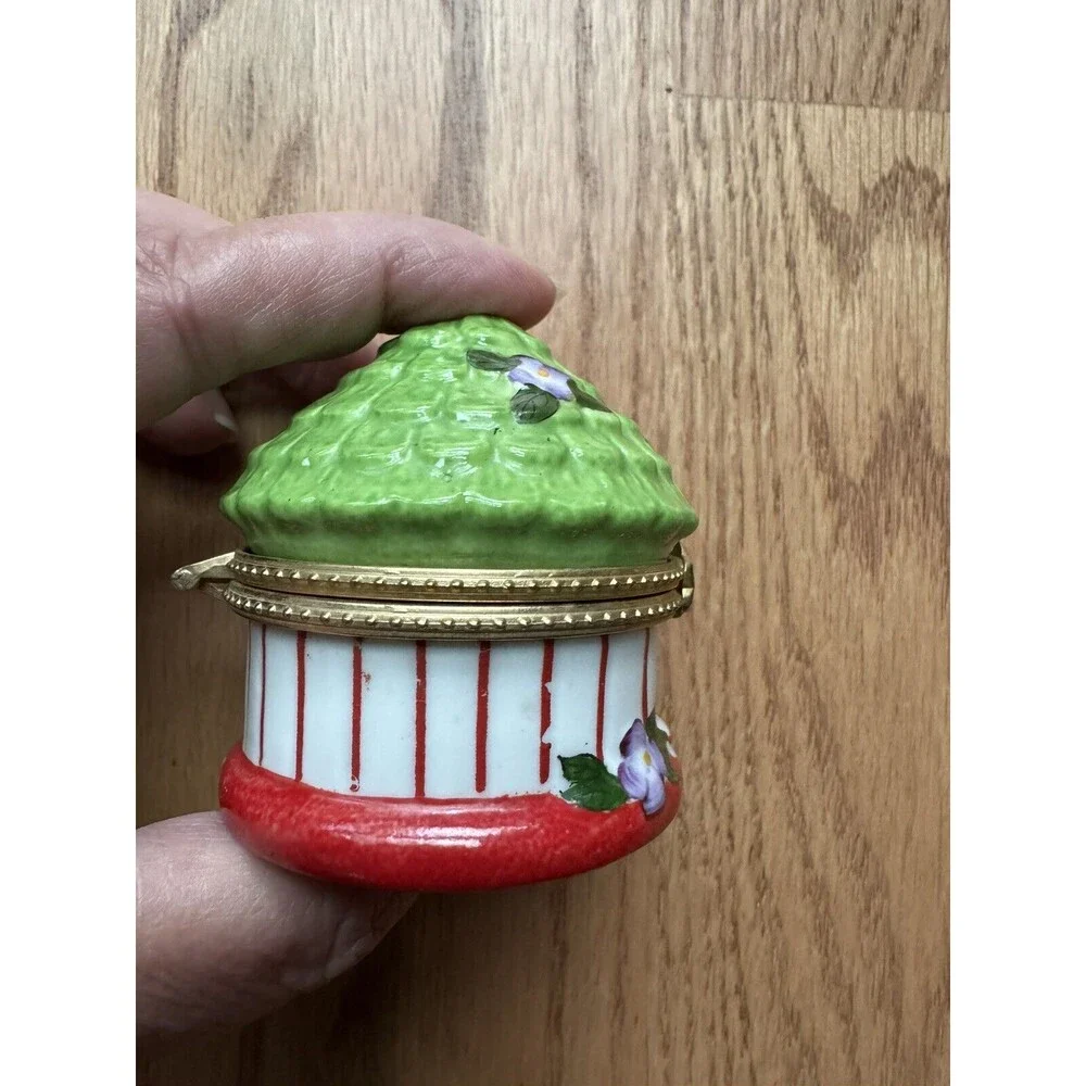 Ceramic Porcelain Trinket Box Flower Yellow Bird‎ Cage Round Dome Lidded Jewelry